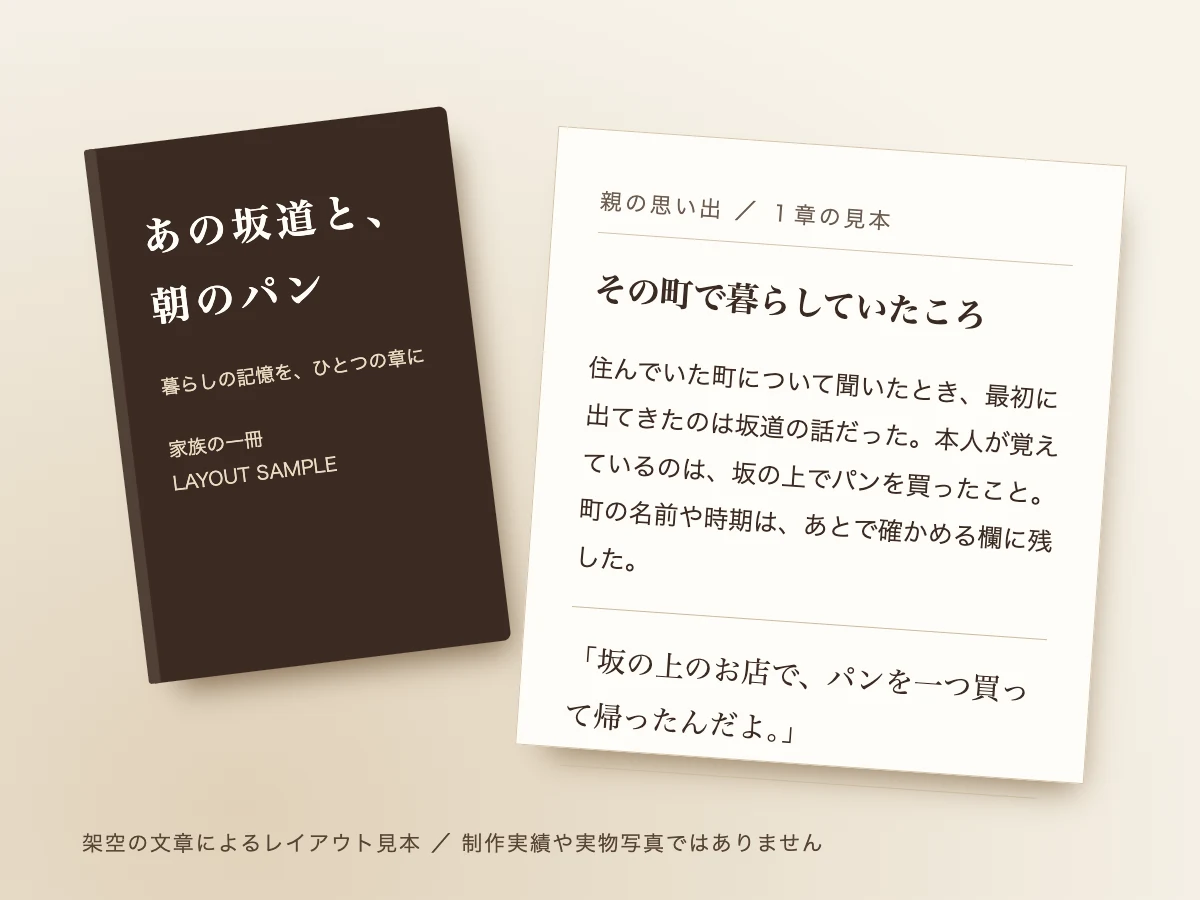 あの坂道と、朝のパンの表紙と本文のレイアウト見本（架空）