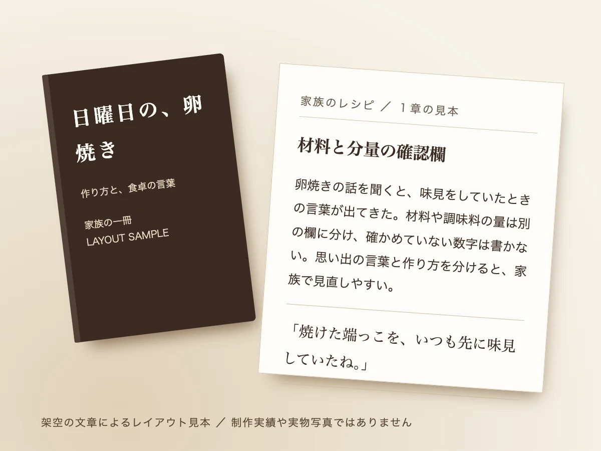 日曜日の、卵焼きの表紙と本文のレイアウト見本（架空）