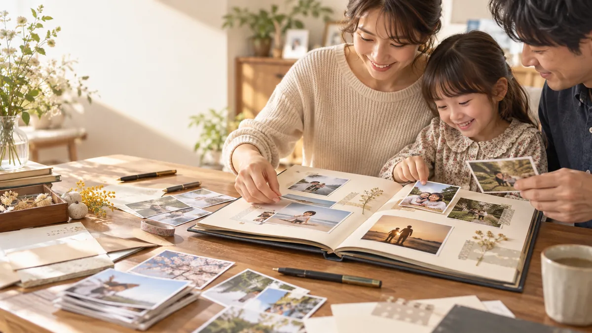 写真と言葉を家族でアルバムにまとめる場面